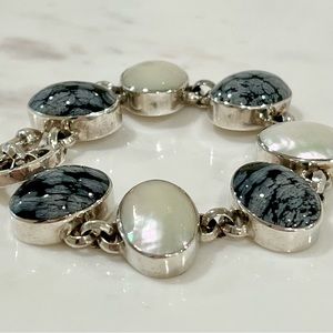 Sterling Silver, Mother of Pearl & Snowflake Obsidian Bracelet